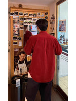Retro Wine-Red Corduroy Lapel Long-Sleeve Shirt