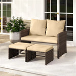 Outdoor Patio Furniture Set, PE Rattan Loveseat & 2 Ottomans Removable Cushions Metal Frame