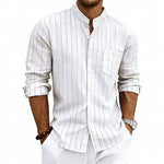 Linen Jacquard Striped Loose-fit Casual Stand-collar Long-sleeve Shirt