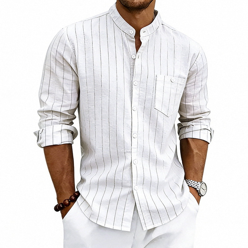 Linen Jacquard Striped Loose-fit Casual Stand-collar Long-sleeve Shirt