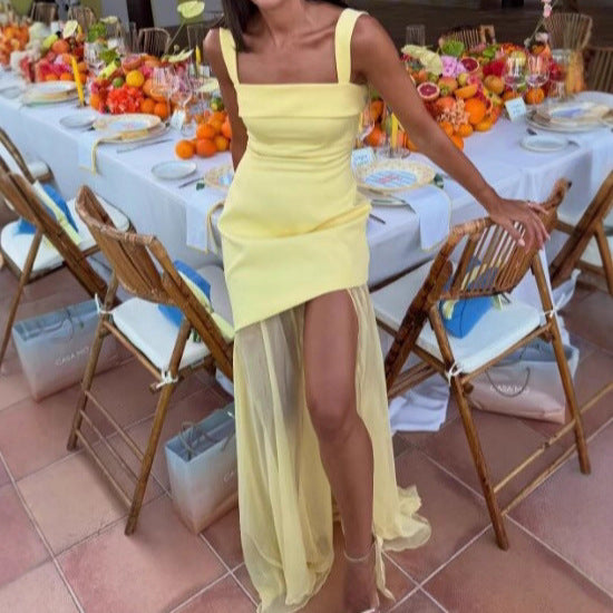 French Romantic Resort-Style Sexy Backless Flowy Strap Detail High-Slit Maxi Dress