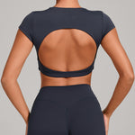 Womens Double-Stitched No-Cup Yoga Fitness Short-Sleeve Top