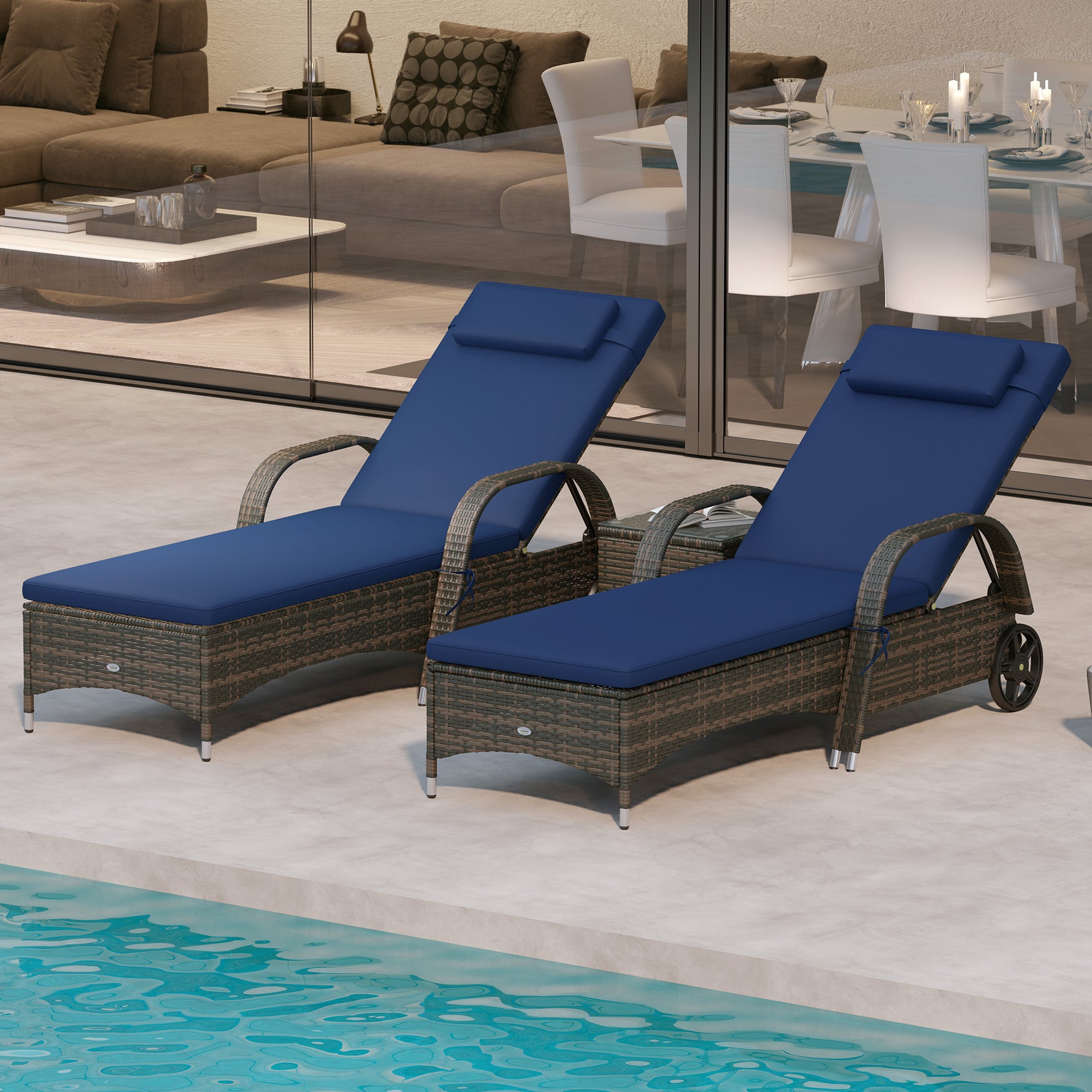 Patio Wicker Chaise Lounge Chair Set Of 2 With Table, Adjustable Backrest, Wheels, Cushion & Headrest, Dark Blue
