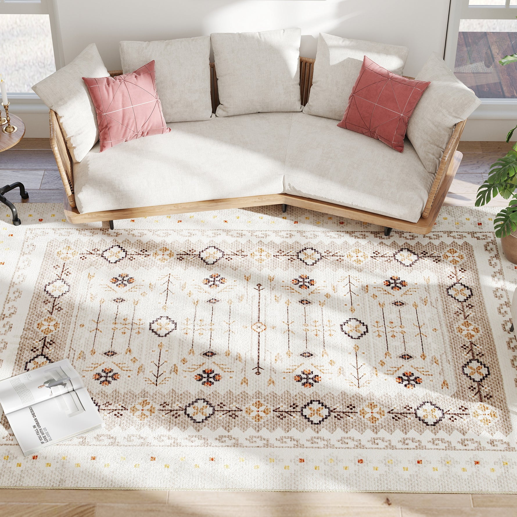 Machine Washable Area Rug 8x10, Non-Slip Boho Flannel Print Floor Carpet For Living Room, Bedroom, Dining Room, Brown