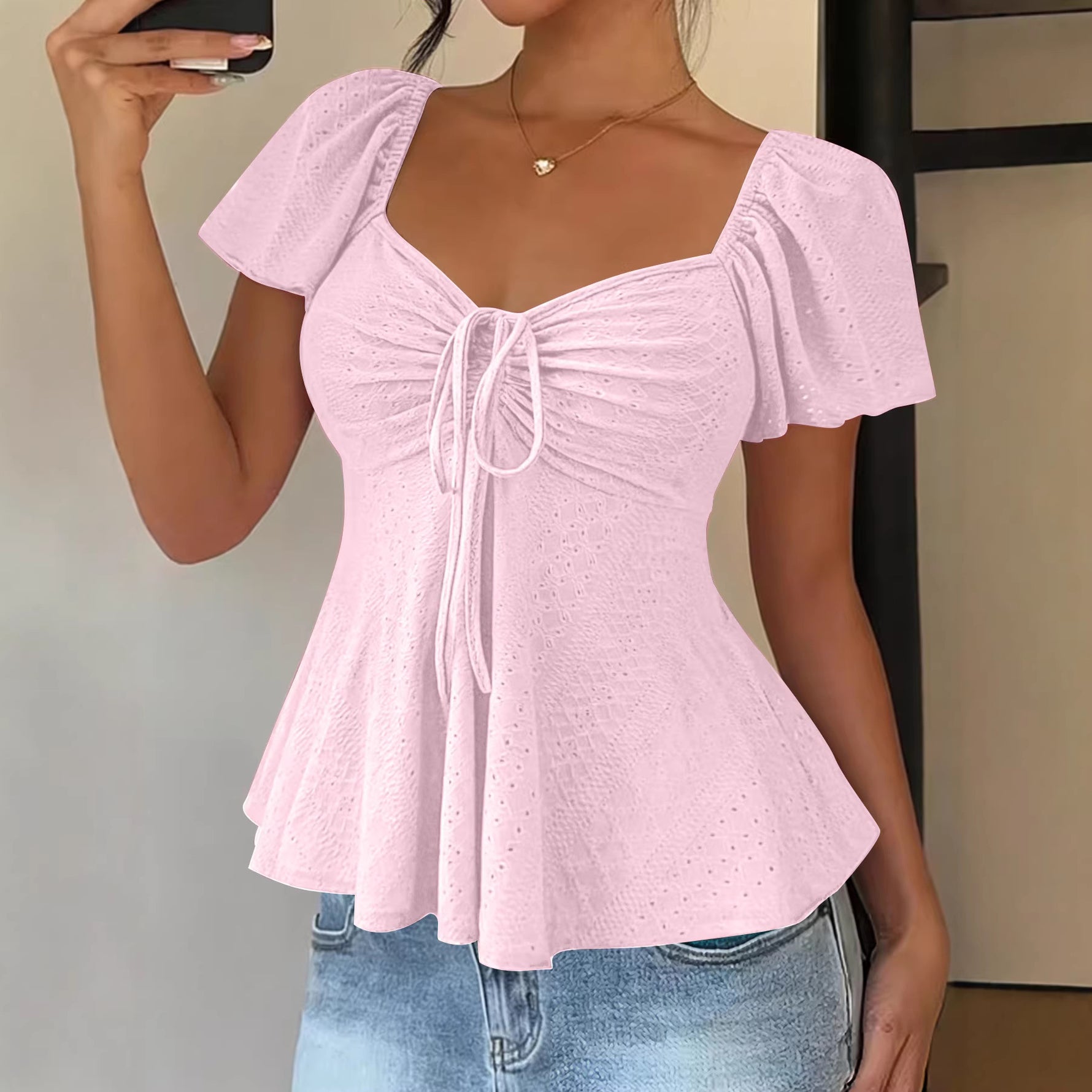 Euramerican V-neck Drawstring Tie-up Top