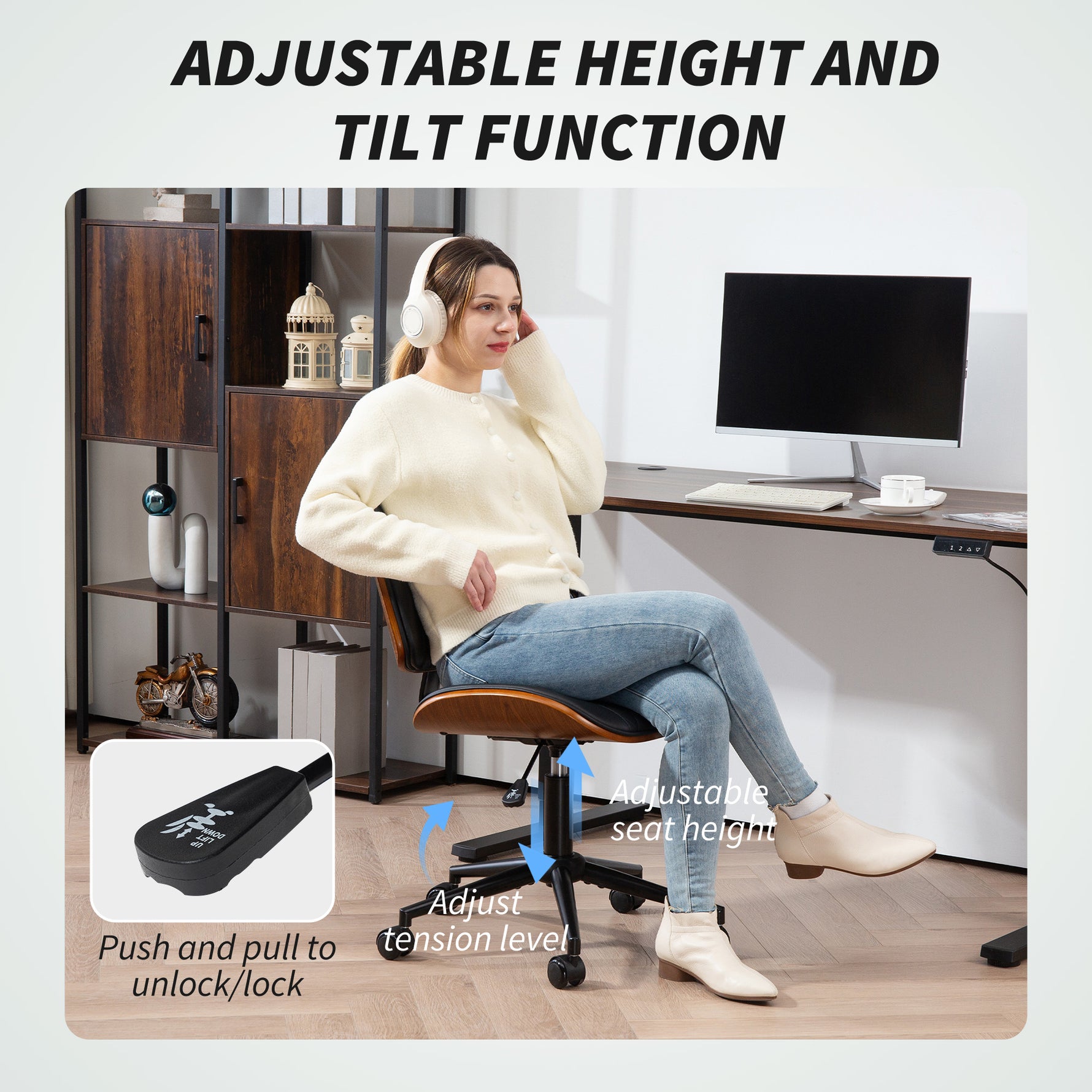 Home Office Chair No Arms With Wheels, PU Leather Desk Chair With Adjustable Height, 360 Swivel For Reading, Black