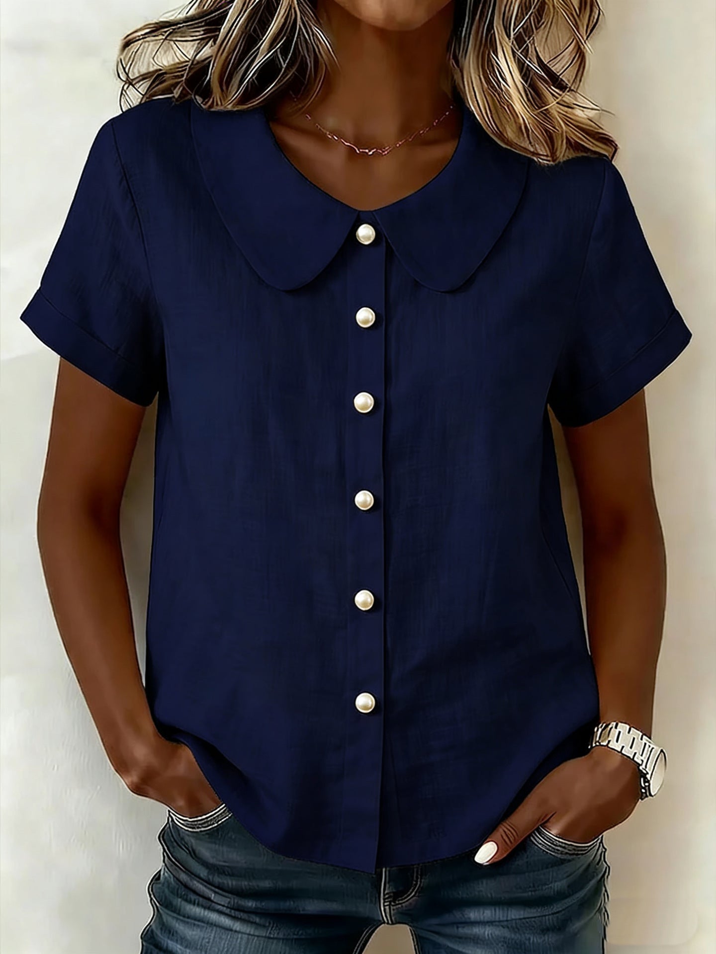 Womens Solid-Colored Short-Sleeve Casual Loose Cotton-Linen Shirt
