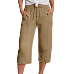 Women's Cotton-Linen Solid-Color Casual Cropped Pants With Elastic Waist