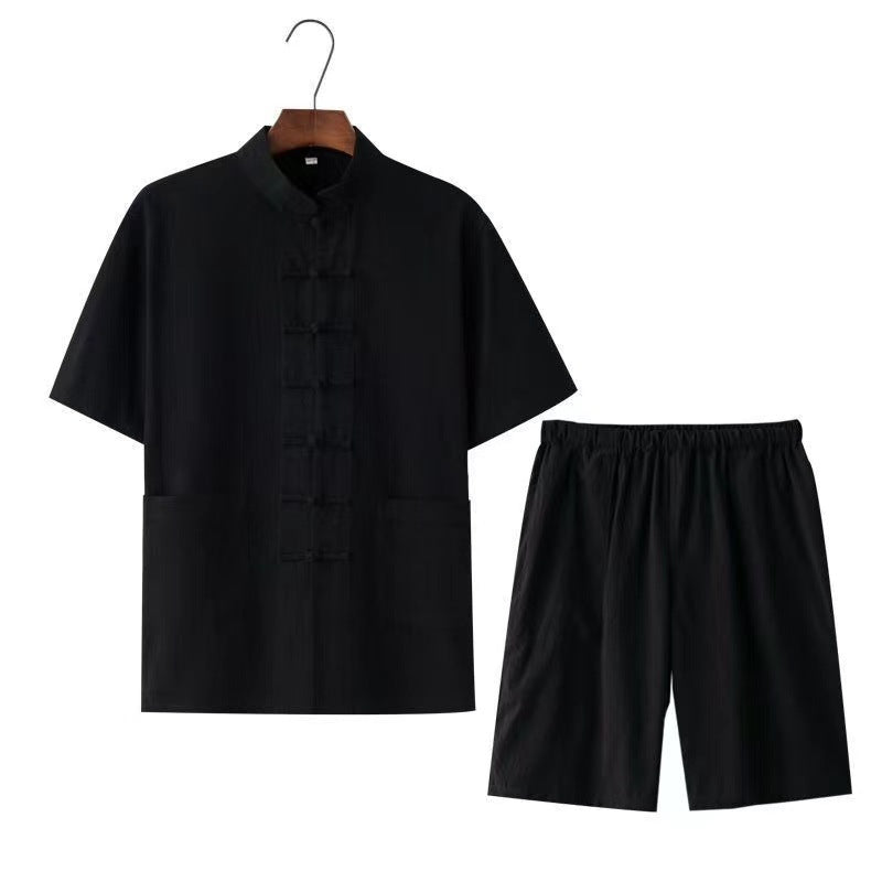 Men's Traditional Chinese Style Button-Placket Shirt And Middle-AgedSenior Monks Robe Two-Piece Set