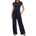 2pcs Solid Color Casual Sports Yoga Suit Short-sleeved Top And High-waisted Drawstring Wide-leg Pants Summer Fashion Set For Womens Clothing