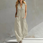 Womens Casual Linen-Cotton Sleeveless Jumpsuit With Two Pocket Straps
