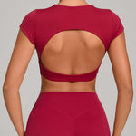 Womens Double-Stitched No-Cup Yoga Fitness Short-Sleeve Top
