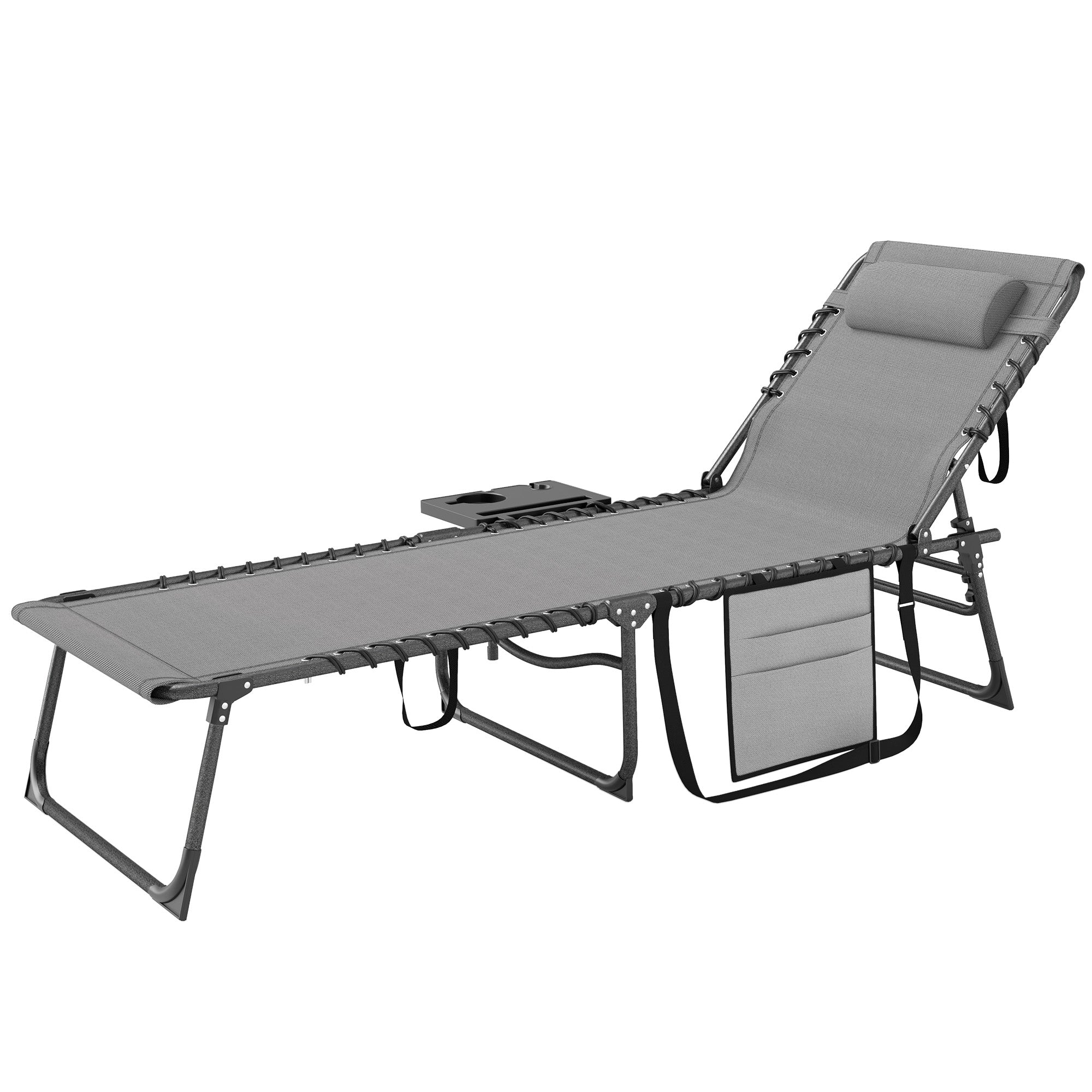 Folding Outdoor Chaise Lounge Chair Tanning Chair With 5-Level Adjustable Back, Side Table, Pillow, Pocket, Gray