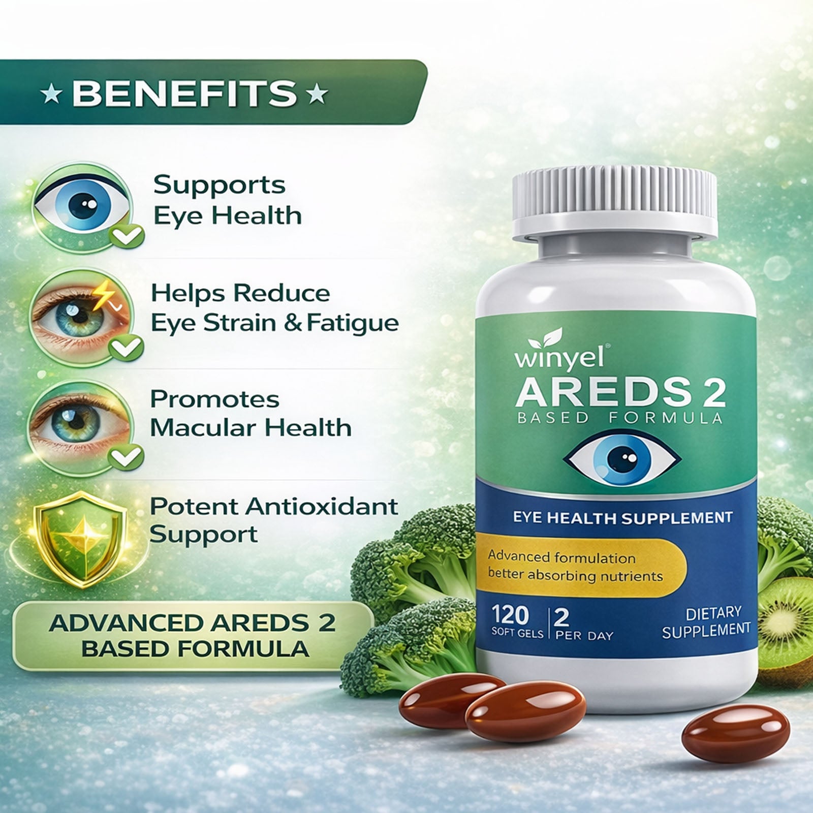 AREDS 2 Eye Vitamin And Mineral Supplement, Containing Lutein, Vitamin C, Zeaxanthin, Zinc, And Vitamin E, 120 Softgels.
