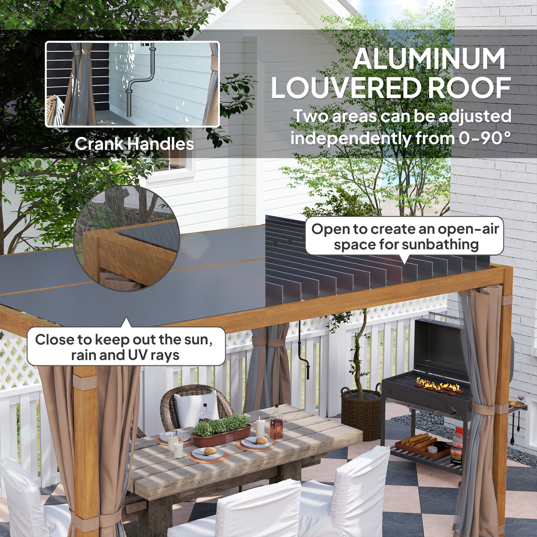 10 X 13 Outdoor Retractable Pergola WSun Shade Louvered Top, Pergola W Canopy, Curtains, Netting, Natural Wood