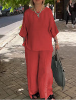 Casual Three-Quarter Sleeve Set Wide-Leg Pants Two-Piece Set