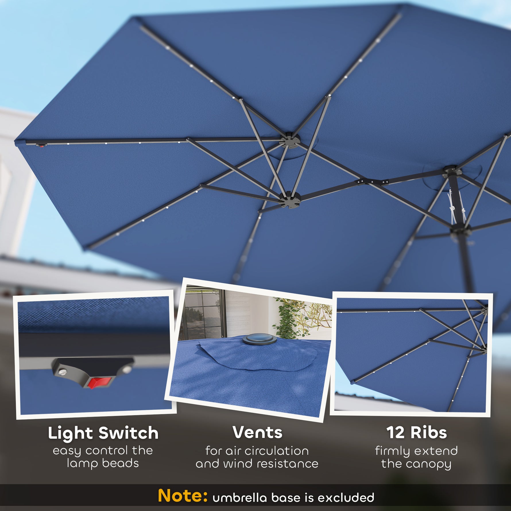 Garden Parasol, Double-Sided Sun Umbrella With LED Solar Lights, Patio Parasol For Outdoor, Blue