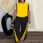 Plus-size Striped Printed Two-piece Set Crew-neck Short-sleeve Top And Pants