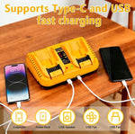 20V Dual-port Fast Charger, Replaceable Charger, Compatible With 12V - 20V Batteries, Equipped With USB And Type-C Charging Interfaces