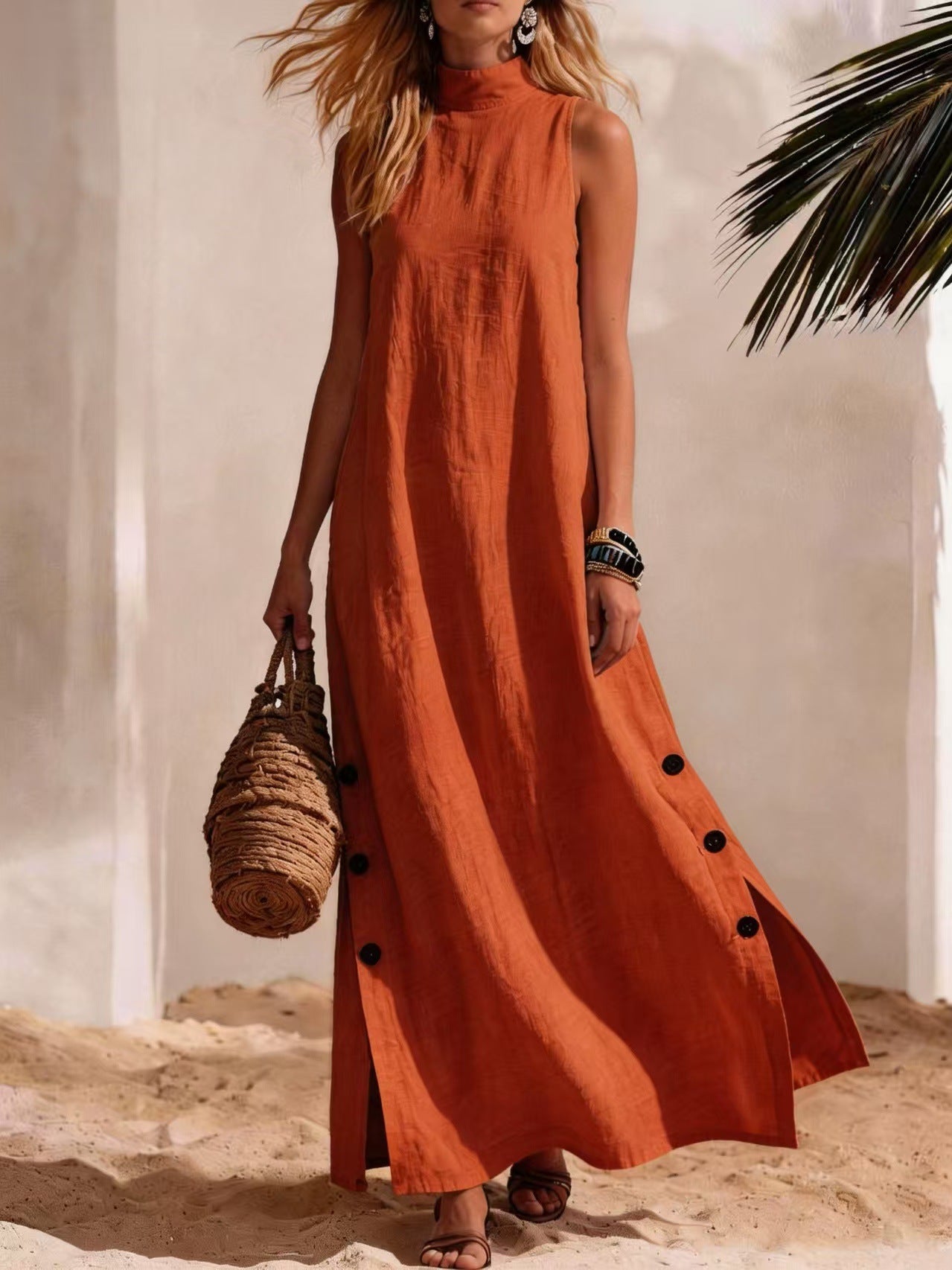 Casual Solid-Colored Cotton-Linen Sleeveless Mid-Length Dress With Side Slits