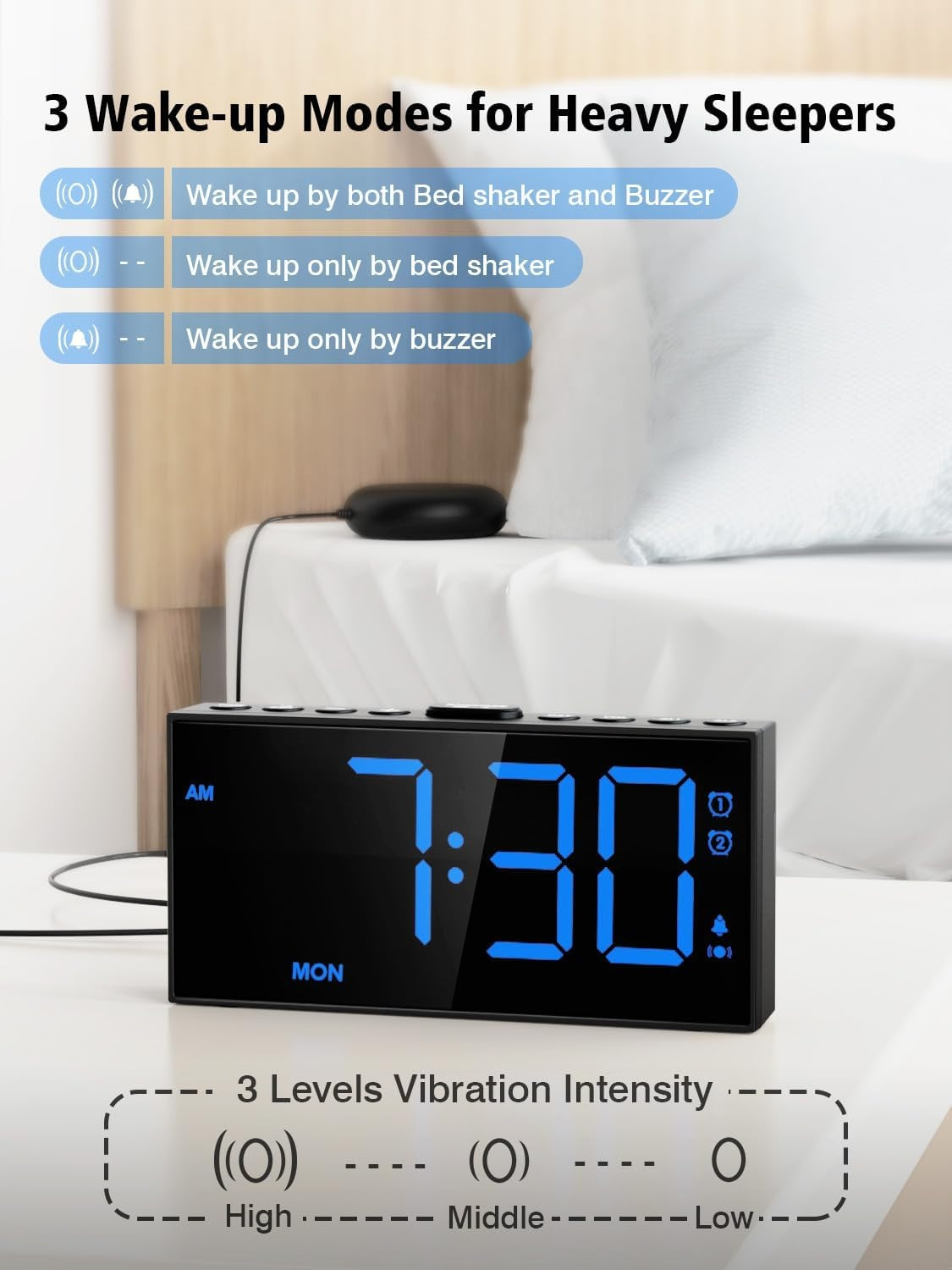A Loud Alarm Clock With A Bed Vibration Device, Specially Designed For People With Severe Insomnia. It Is Suitable For Those With Hearing Impairments And Deafness. It Has 2 Alarm Functions, 3 Vibratio