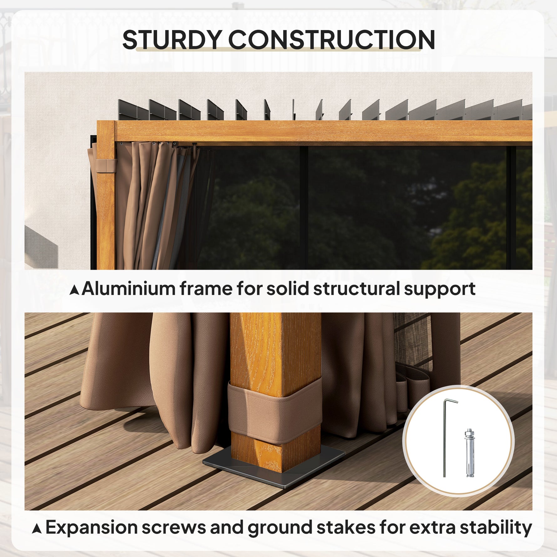10 X 13 Outdoor Retractable Pergola WSun Shade Louvered Top, Pergola W Canopy, Curtains, Netting, Natural Wood
