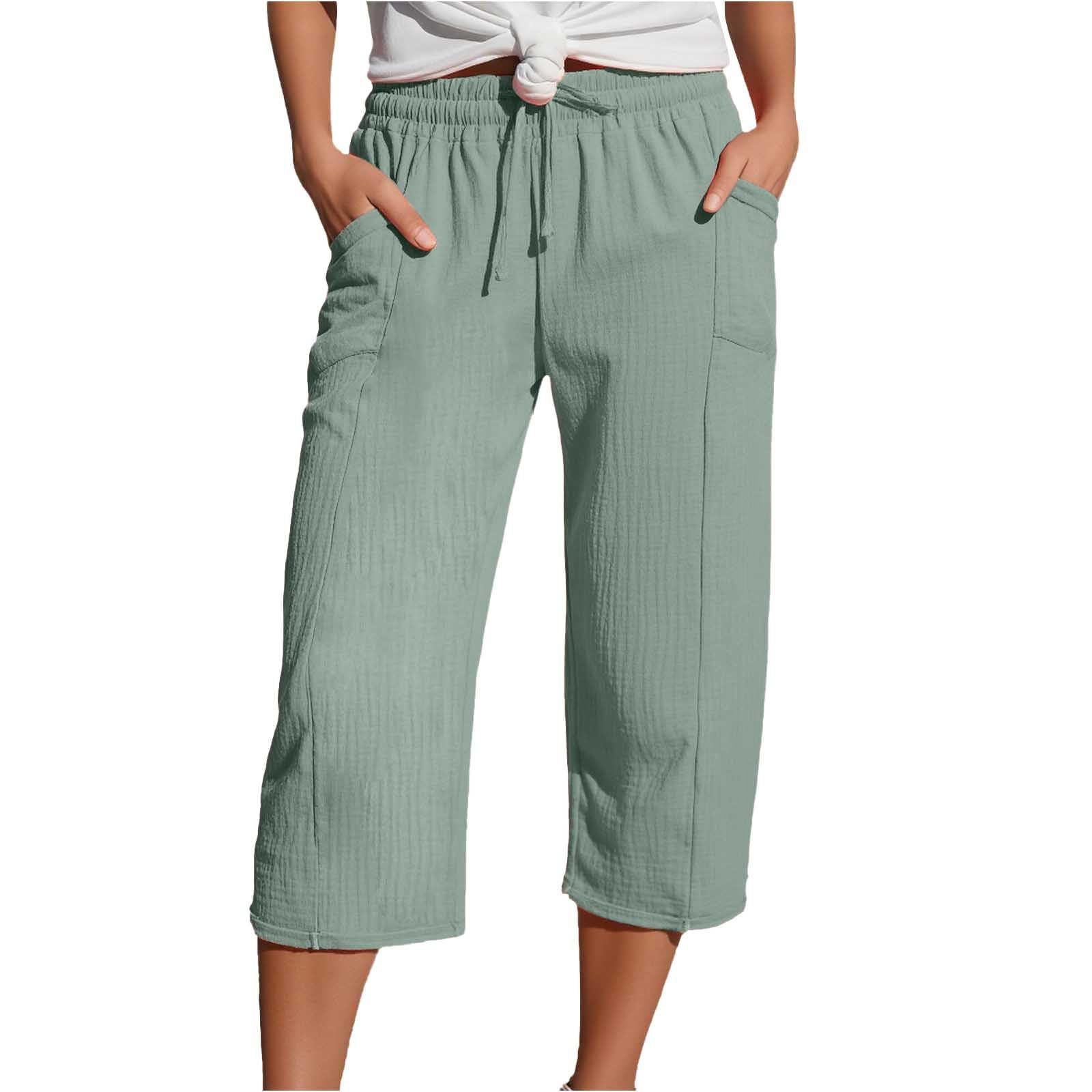 Women's Cotton-Linen Solid-Color Casual Cropped Pants With Elastic Waist