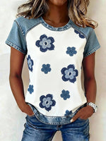 Color-block Printed Short-sleeve Womens Loose Top