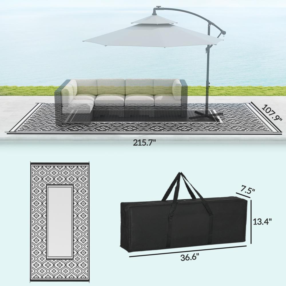 Reversible Outdoor Rug, Waterproof Plastic Straw With Carry Bag, 9 X 18, Black & White Gourd Border