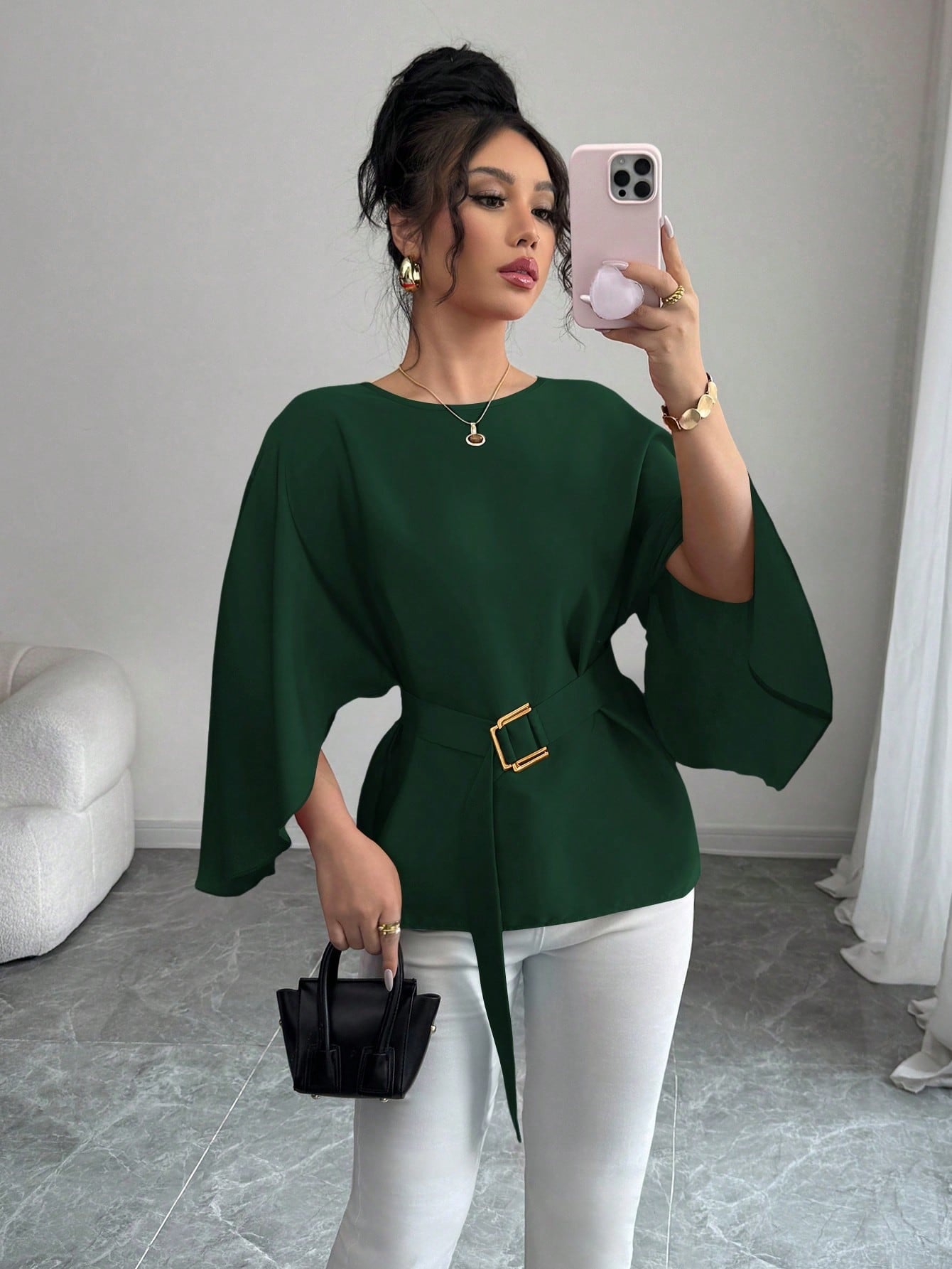 Womens Flared Sleeve Defined Waist Round Neck Lace-Up Slimming Shirt