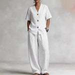 Summer Linen Solid-color Collarless Short-sleeve Top And Casual Wide-leg Pants