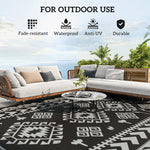 Reversible Outdoor Rug, Waterproof Plastic Straw With Carry Bag, 9 X 18, Black & Gray Rhombus Patchwork