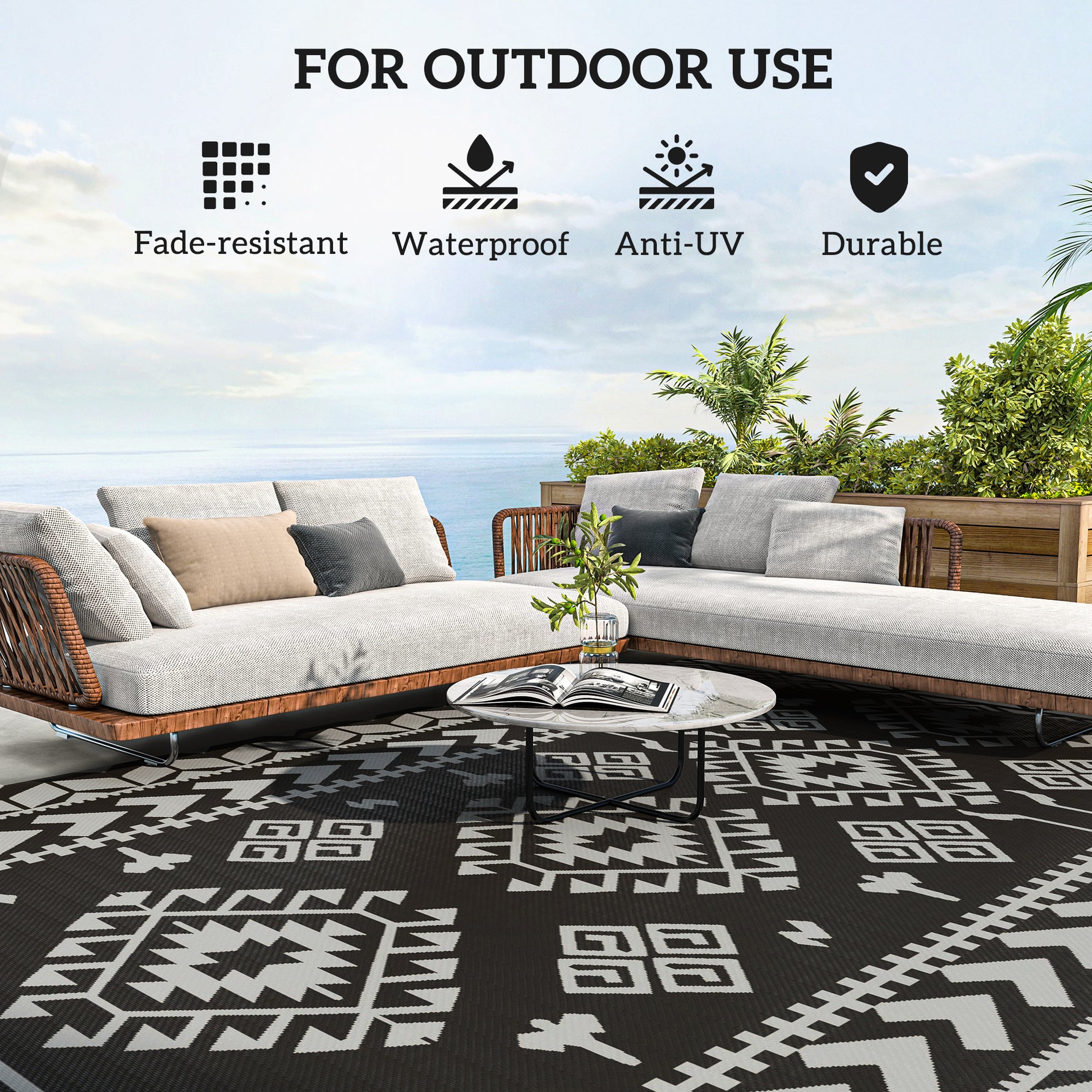 Reversible Outdoor Rug, Waterproof Plastic Straw With Carry Bag, 9 X 18, Black & Gray Rhombus Patchwork