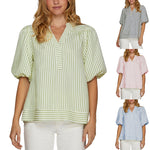 V-neck Panelled Striped Top With Puff Sleeves