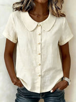 Womens Solid-Colored Short-Sleeve Casual Loose Cotton-Linen Shirt