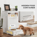 Pet Feeder Station Storage Cabinet, Dog Food Storage Container with Dog Raised Bowls, Watering Supplies, White