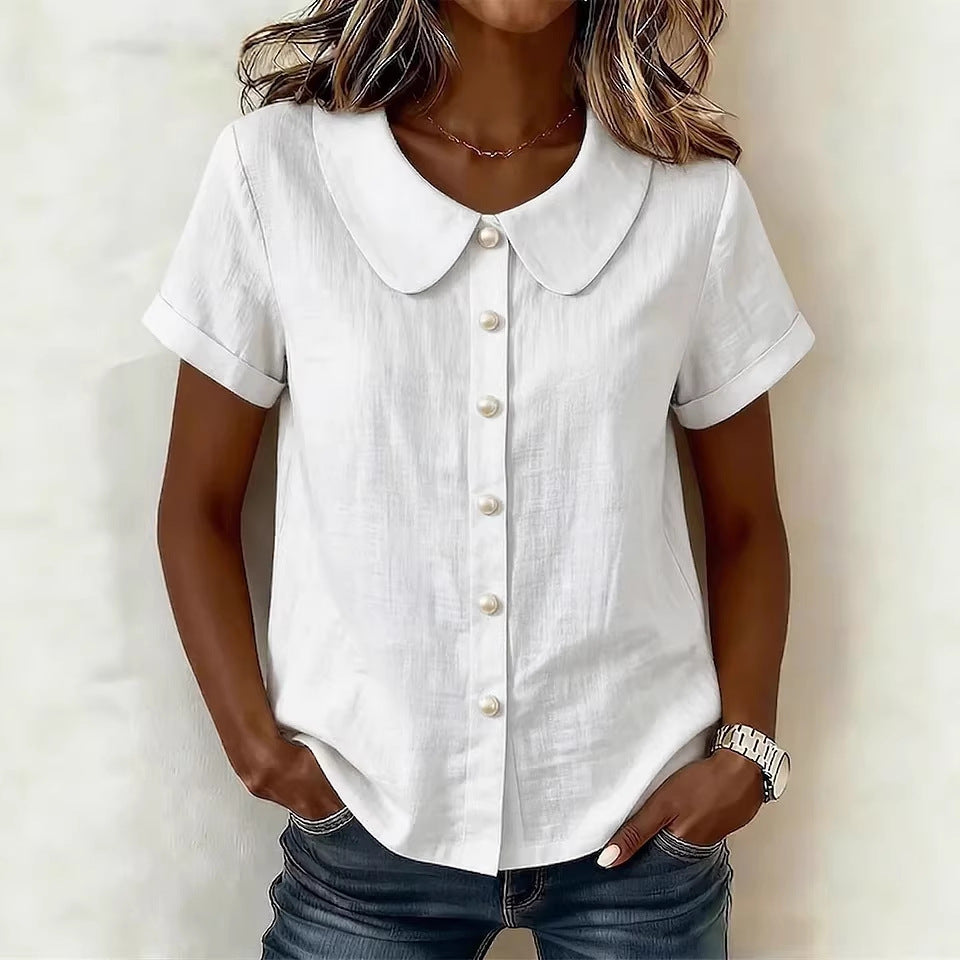 Womens Solid-Colored Short-Sleeve Casual Loose Cotton-Linen Shirt