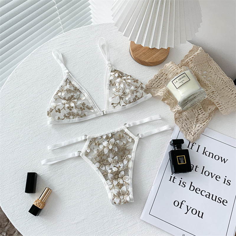 Sexy Three-point Three-dimensional Embroidered Flower Bra Panty Set