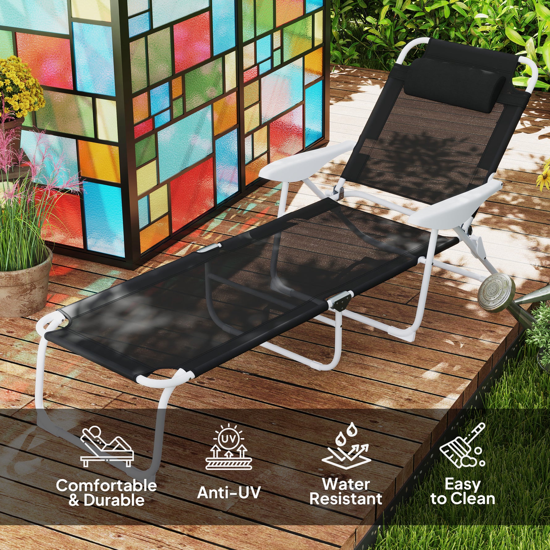 Folding Chaise Lounge, Outdoor Sun Tanning Chair, 4-Position Reclining Back, Armrests, Removable Pillow, Black