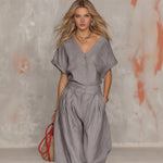 Solid-color V-neck Short-sleeve Top And Wide-leg Pants Set