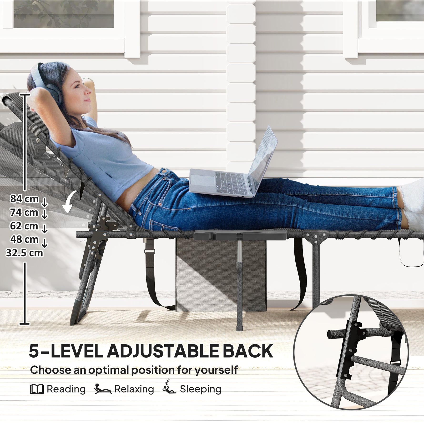 Folding Outdoor Chaise Lounge Chair Tanning Chair With 5-Level Adjustable Back, Side Table, Pillow, Pocket, Gray