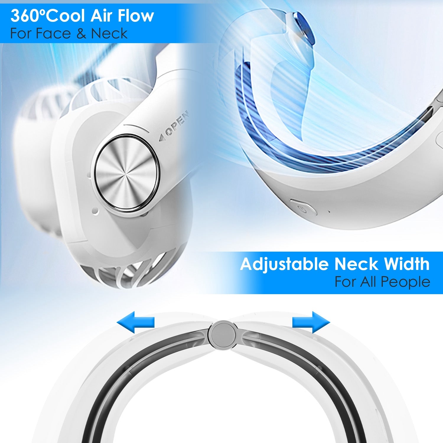 White-Green Options -- 1Pc Portable Neck Hanging Fan Hands-free Cooling Personal Fan With 3 Speeds 360 Degree Air Flow Adjustable Neck Width For Home Office Travel Dormitory