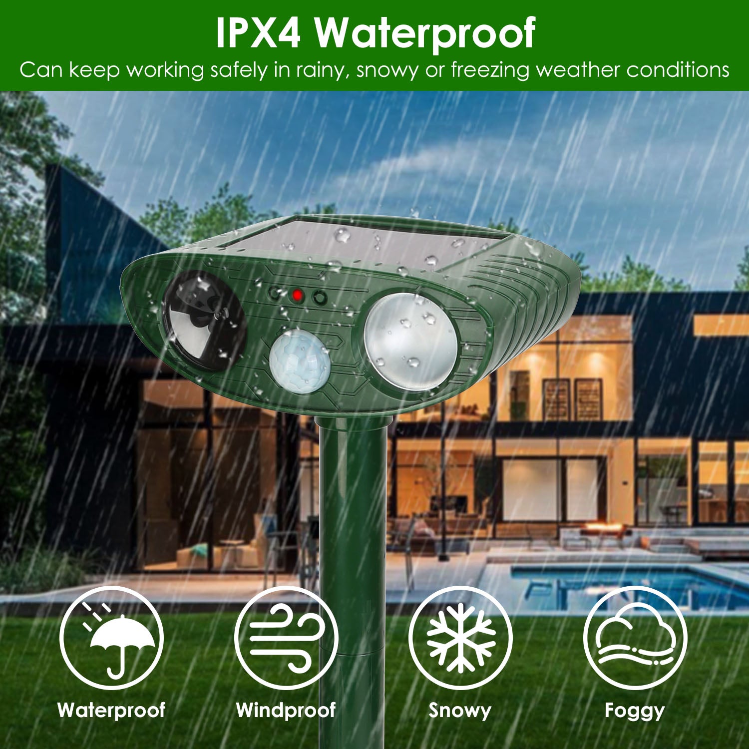 1Pc Solar Ultrasonic Animal Repeller PIR Sensor Animal Repellent Chaser With Flashing Light IPX4 Waterproof For Chasing Deer Raccoon Squirrel Rat Skunk Rabbit Mole Dog Cat Snake