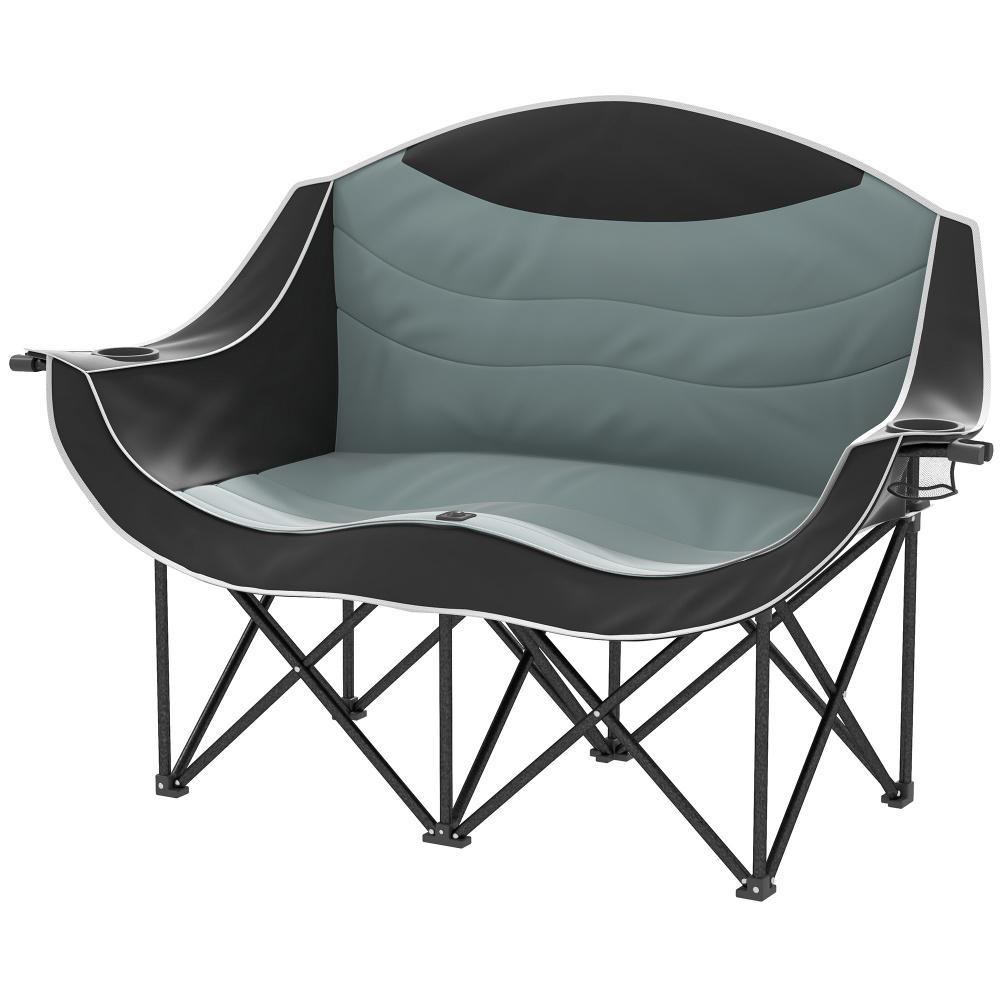 Padded Folding Camp Chair For Adults, Double Camping Chair With Armrests, Cup Holders, Carry Bag For Outdoor, Black