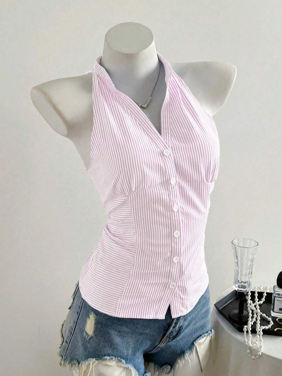 Women's Niche Short Striped Sleeveless Shirt