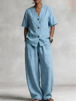Summer Linen Solid-color Collarless Short-sleeve Top And Casual Wide-leg Pants