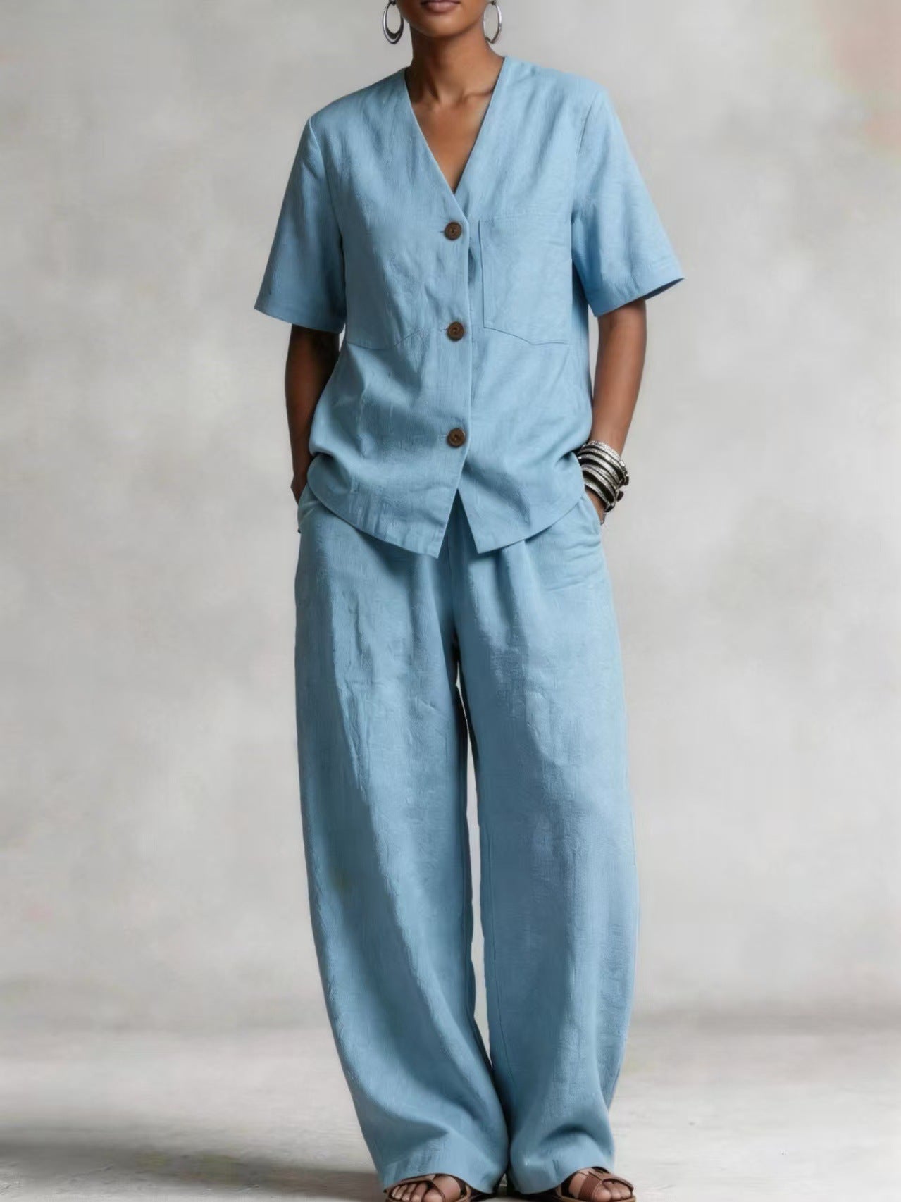Summer Linen Solid-color Collarless Short-sleeve Top And Casual Wide-leg Pants