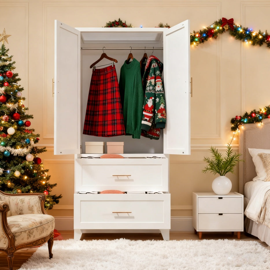 71inch Tall Metal Wardrobe Cabinet With 2 Drawers And Hanging Rod, 2 Doors Wardrobe Closet With Shelf For Bedroom, Office, Laundry Room,Entryway ,Foyer,Guesthouse White