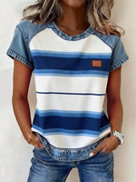 Color-block Printed Short-sleeve Womens Loose Top