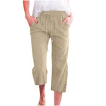 Womens Solid-Colored Drawstring Cotton-Linen Casual Loose-Fit Home Cropped Pants With Buttons And Pockets
